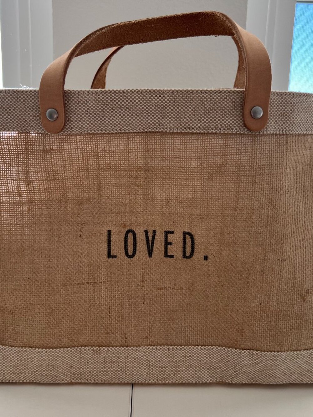 Apolis custom "Loved" lunch bag, natural jute with leather handles